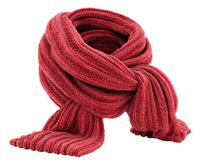 A deep maroon ribbed knit scarf, tied in a knot