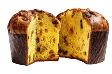A cut panettone, golden interior, studded with fruit