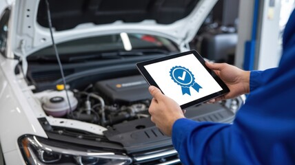 Automotive Precision: A mechanic, holding a tablet displaying a digital seal, conducts a thorough inspection of a car engine, demonstrating the meticulous nature of automotive service.