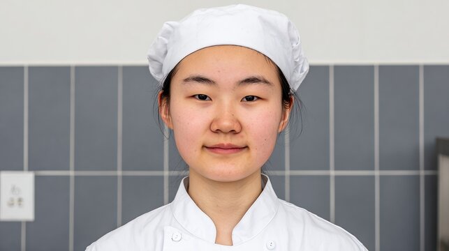 A young chef in a white uniform and hat stands confidently, displaying a focused expression in a kitchen setting, This image can be used for culinary education, promoting cooking classes