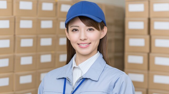 A young woman in a blue cap and work uniform smiles confidently in front of stacked boxes, ideal for inventory, logistics, or customer service-related content, showcasing professionalism and teamwork