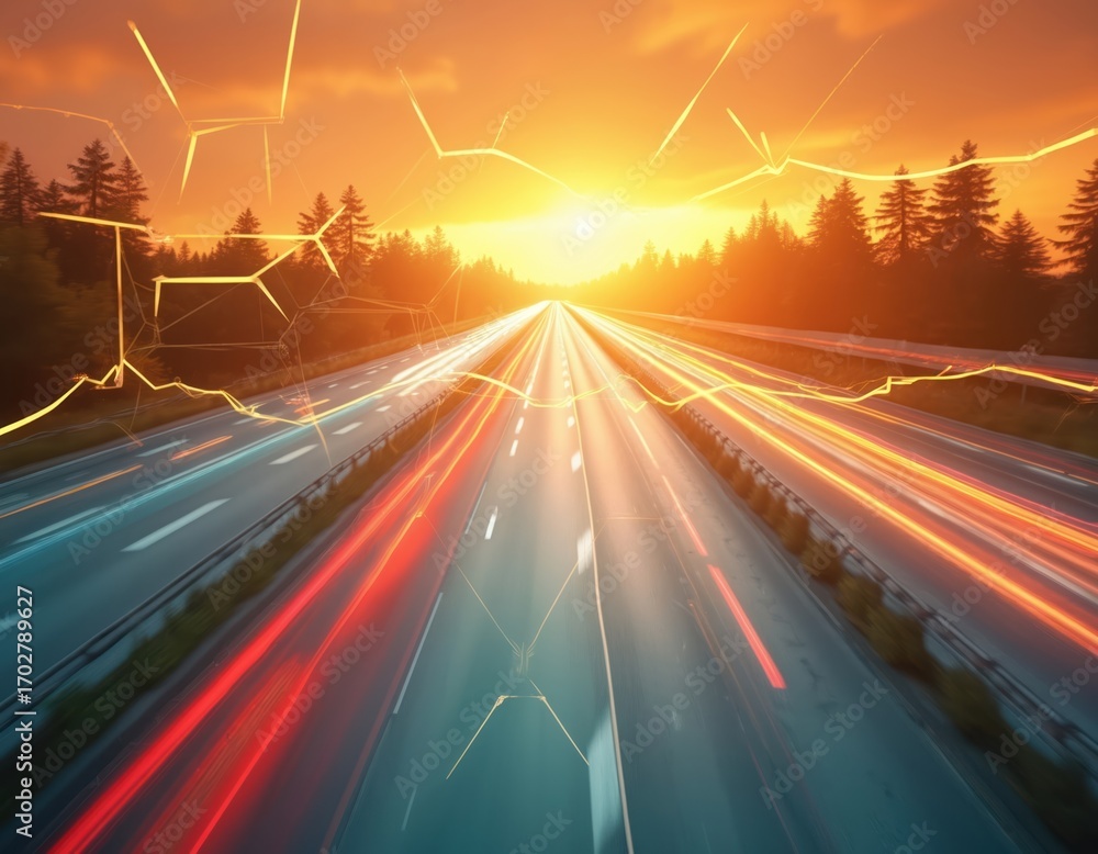 Poster highway traffic streaks with abstract glowing lines and hexagonal patterns. sun sets through trees c