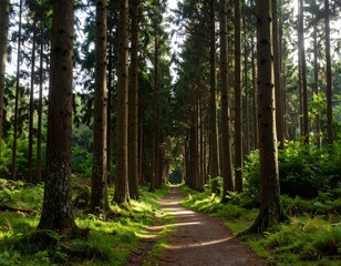 Obraz premium Sunlit path through a dense pine forest
