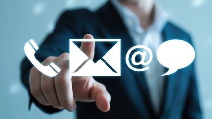 Contacting: A focused hand interacts with a futuristic interface, illuminating the essential icons representing communication avenues, embodying the modern era's connectivity.