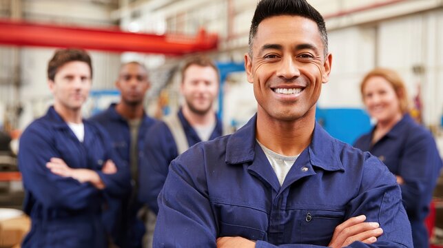 A diverse group of smiling factory workers stands confidently together in a workshop, showcasing teamwork and professionalism, Ideal for articles on workplace culture, teamwork, and industry training