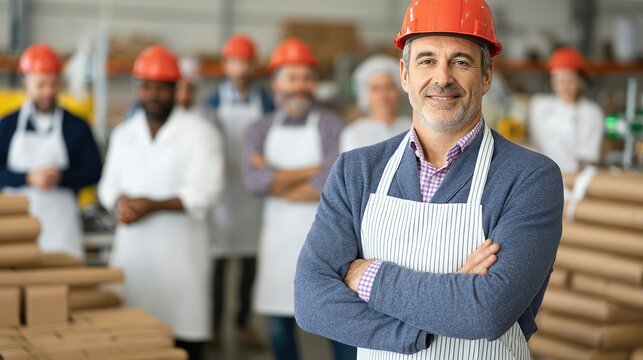 A confident man in an apron and hard hat stands with his arms crossed, surrounded by a diverse group in a warehouse setting, ideal for illustrating teamwork, leadership, and industry, - Powered by Adobe