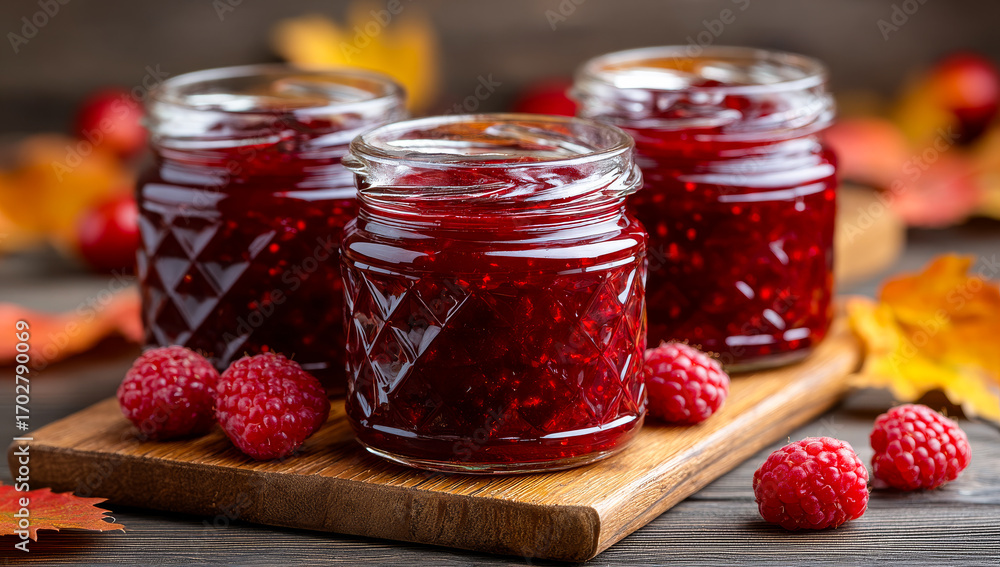 Poster autumn raspberry jam jars. three jars of homemade raspberry jam sit on a wooden board surrounded by 