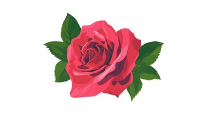 A beautiful single red rose with green leaves on a white background