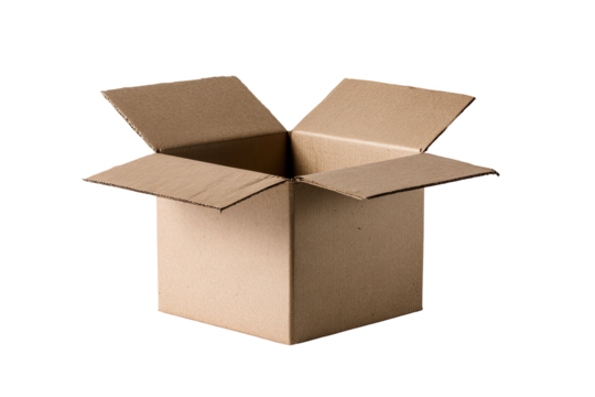 Open cardboard box, light beige color,  square shape, simple packaging