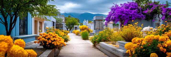 Fototapeta premium Bright flowers line the path. Bright marigolds and bougainvillea flowers line the cemetery paths, adding color to a cloudy day.