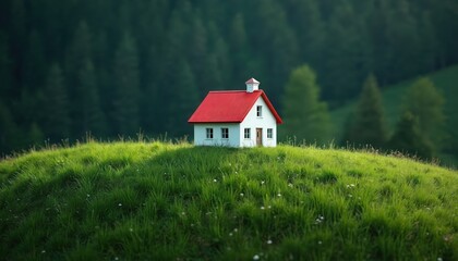 Solitary white house with vibrant red roof sits atop rich green hill, surrounded by dense forest. Sunlit grass creates tranquil, serene landscape, evoking feelings of peace, solitude in remote,