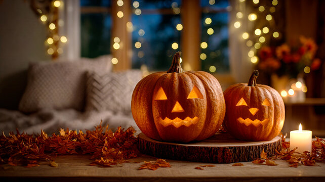 Halloween pumpkins with decor. Two carved pumpkins glow warmly beside a candle, surrounded by autumn leaves and soft string lights in a cozy setting.