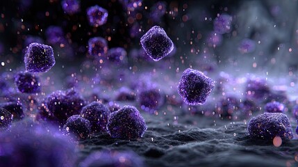Abstract digital rendering of numerous dark purple, cube-shaped particles in motion against a dark background.  Particles are detailed and appear to be floating or falling