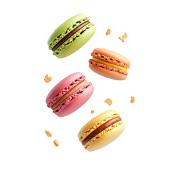 Fototapeta premium Colorful Macaron Floating in the Air, A colorful macaron suspended in the air, highlighting its delicate texture and bright hues, isolated on transparent background