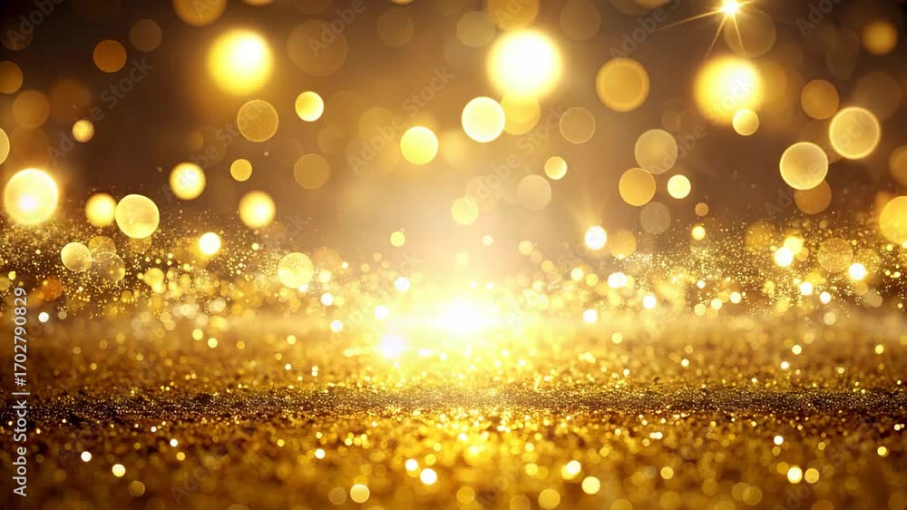 Poster abstract golden glitter background with bokeh lights creating a shimmering festive surface, glowing 