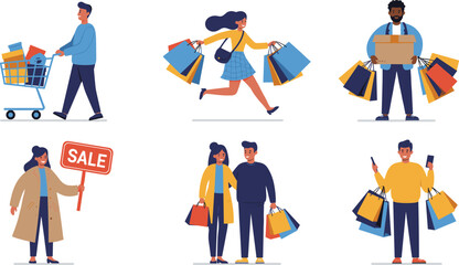 Happy people shopping with bags, carts, boxes and sale signs, cartoon shoppers during retail discount event or seasonal holiday sale