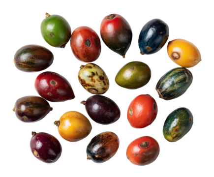 Colorful, oval-shaped fruits cluster.  Various shades of vibrant colors