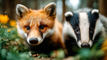 Fox and badger close-up in a forest. A fox and a badger are curiously observing their surroundings amid wildflowers in a serene forest setting.