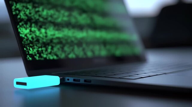 Cyber Security Threat: Illuminated USB Drive and digital data on a modern laptop showing risk and digital breach, showcasing digital security concepts and system vulnerability.