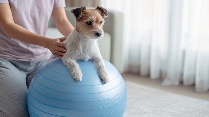 Jack Russell terrier supported by owner while balancing on blue stability ball, concept of dog physiotherapy, fitness or agility training.