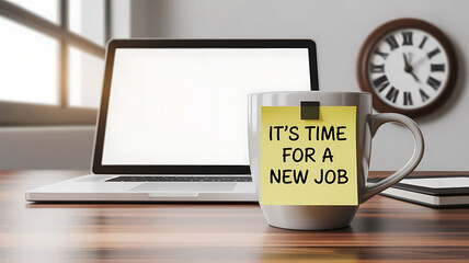 IT’S TIME FOR A NEW JOB banner design with modern office desk with a white mug in the foreground, created with generative ai