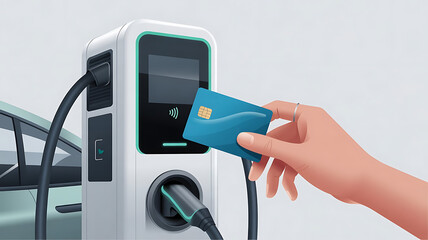 an electric vehicle charging station with a plugged-in charging cable. A hand holds a blue contactless payment card near the NFC reader screen on the station, created with generative ai