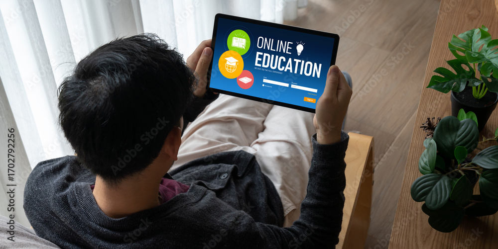 Poster e-learning website with modish sofware for student to study online on the internet network