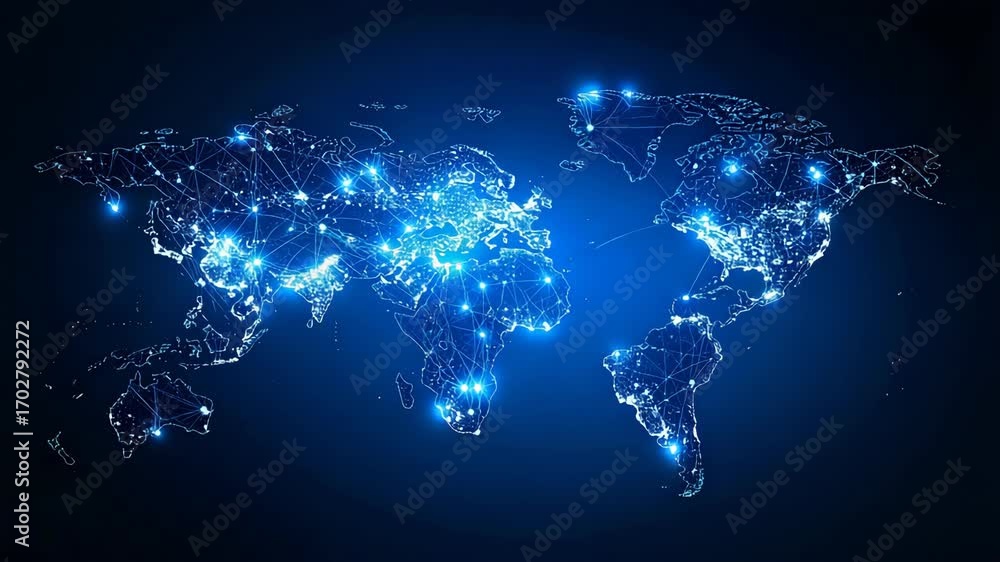 Poster networked world map illustration with interconnected lights and data points on a dark blue backgroun