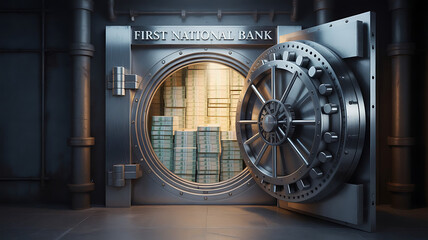 Open bank vault door with glowing light inside, metallic interior, financial safety and security concept on dark industrial background., created with generative ai
