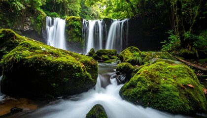 Obraz premium Serene Mossy Waterfall in Lush Green Forest.