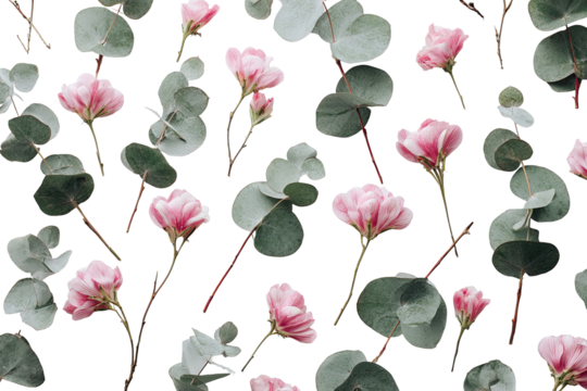 Delicate pink blossoms and eucalyptus leaves arranged on a black background