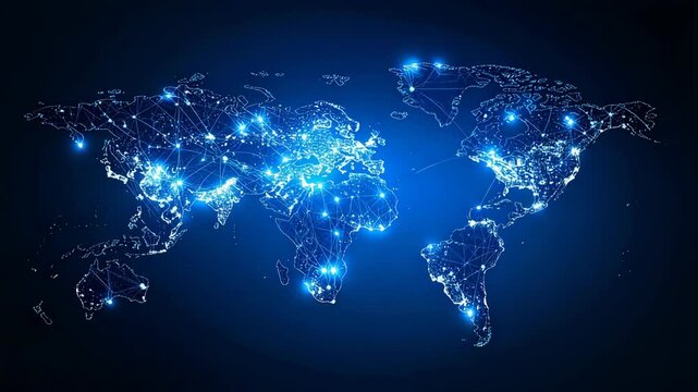 Networked world map illustration with interconnected lights and data points on a dark blue background representing global connectivity and digital infrastructure