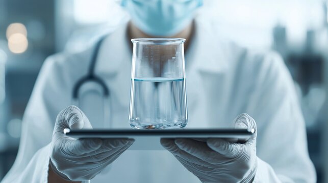 Medium close up of scientist reviewing hydrogen fuel cell data on holographic tablet. - Powered by Adobe