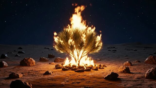 Burning bush in the desert at night under a starry sky biblic scene