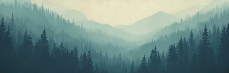 Illustration of serene misty mountain fir forest. Moody blue hues create calm atmosphere. Vintage faded tones, sunlight, shadow, trees in nature background. Landscape art, design, retro style.