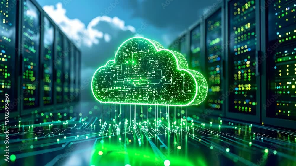 Poster data servers and a glowing cloud computing symbol illustrating digital transformation and informatio