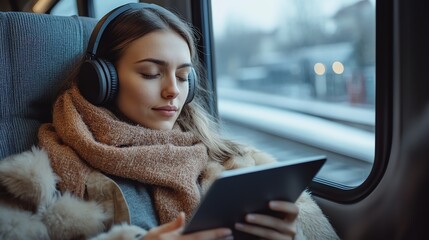 A woman on a train, engrossed in her tablet with headphones on, bathed in warm and cool lighting.