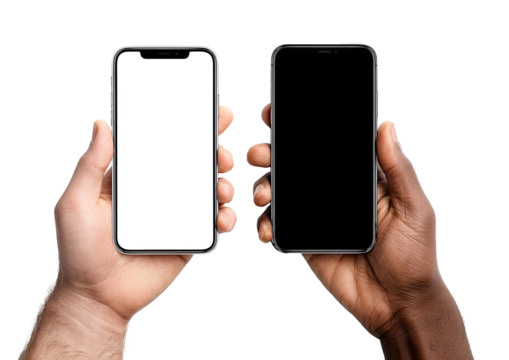 Two smartphones, one with a blank white screen, the other with a blank black screen, held in hands