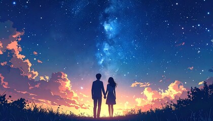 Romantic couple gazing at a starry night sky