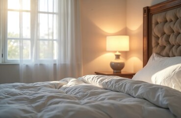 Fototapeta premium Cozy bedroom corner features tufted headboard, plush white bedding, and bedside lamp casting warm glow. Sheer curtains diffuse soft morning sunlight through window.