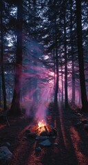 A campfire glows softly in a dense forest at dawn, ethereal pink and purple light streams through the trees, casting long shadows on the ground