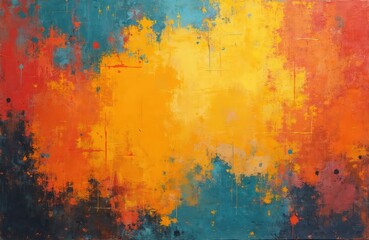 Obraz premium Grunge illustration with oil paint brush strokes on canvas. Abstract textured background with scratches elements, simple pattern. Design template with blue, yellow, red, orange splash colors.