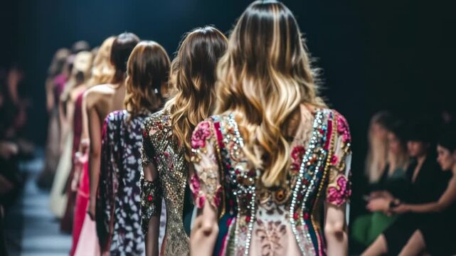 A group of women are walking down a runway in a fashion show. The women are wearing long, flowing dresses with intricate designs and patterns. The dresses are made of a variety of materials - Powered by Adobe