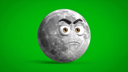 Grumpy moon with a verdant backdrop: A 3D rendered image of a cantankerous full moon, its craggy surface etched with displeasure, set against a vibrant, verdant backdrop