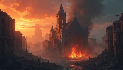 Fototapeta premium Illustration destroyed church in fiery cityscape. Artistic atmospheric scene focus on ruins, intense lighting. War destruction, apocalyptic horror, dark gloomy ruins. Apocalypse, danger, gothic