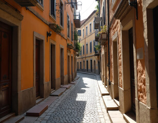 Obraz premium Narrow cobblestone alley between orange houses in old european town. Architecture of stone buildings with doors, windows, balconies. Cozy urban landscape. Travel destinations, tourism, historical