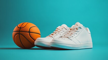 Obraz premium A vibrant composition featuring a basketball and a pair of white sneakers against a teal backdrop. Perfect for sports or lifestyle themes.
