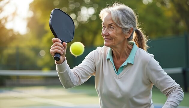 Happy senior woman plays pickleball outdoors on sunny day. Active elderly lady enjoys fun, healthy lifestyle, hitting yellow ball with paddle on court. Popular adult sport for recreation and fitness.