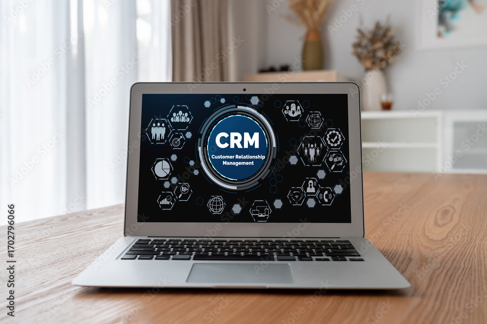 Poster customer relationship management system on modish computer for crm business and enterprise