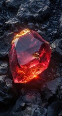 A radiant, crimson gemstone rests amidst dark, rough-hewn rocks, its facets catching and reflecting light, creating a dramatic contrast